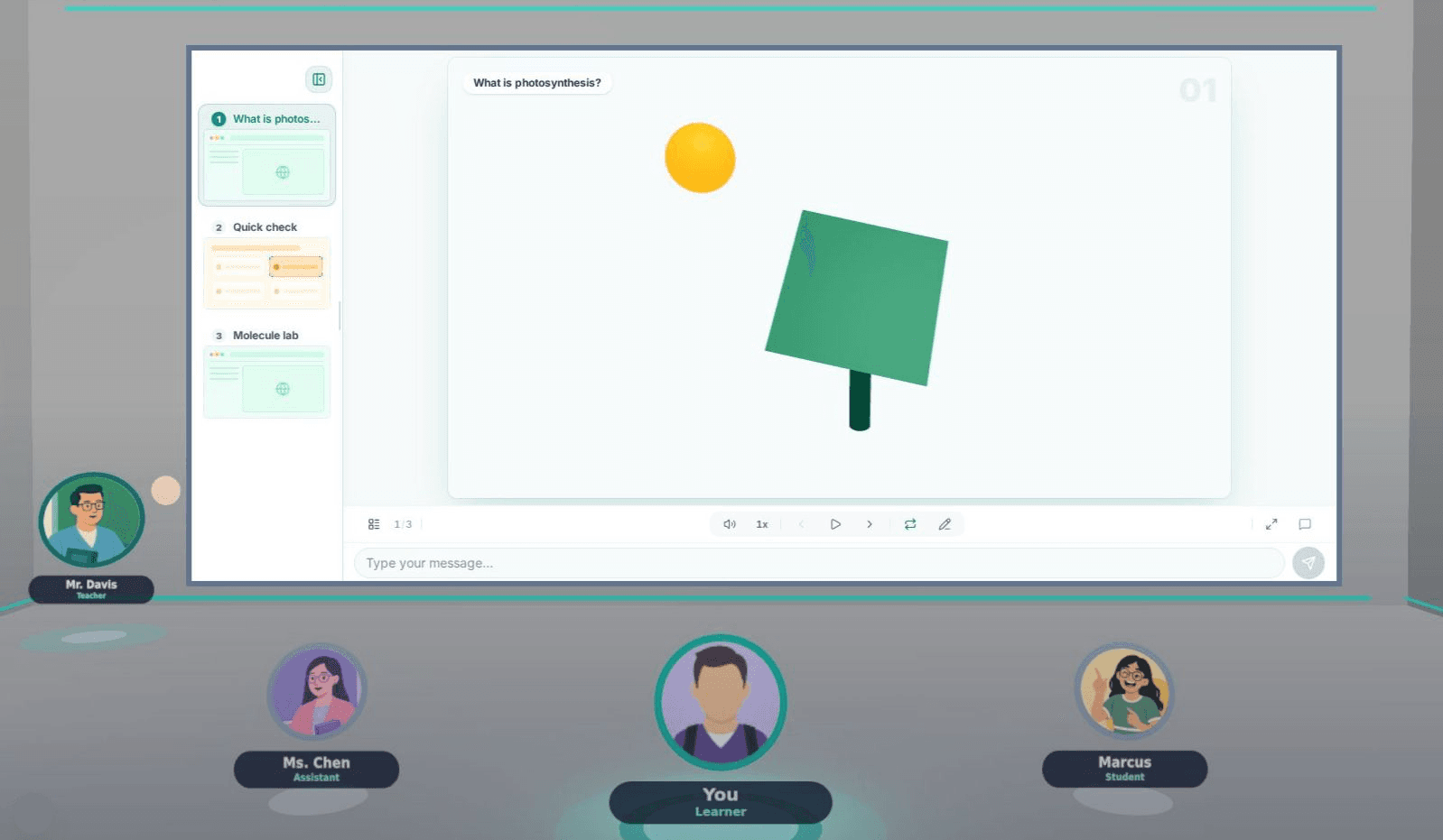 KaratuAI classroom session with teacher, peers, lesson board, and a mathematics sample slide