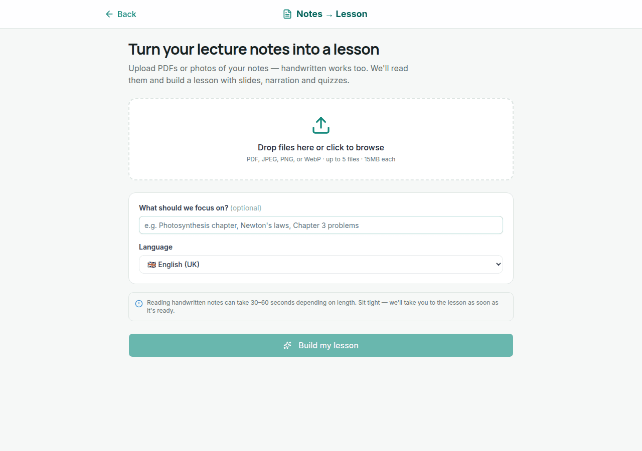 Notes to lesson upload screen for PDFs and handwritten photos