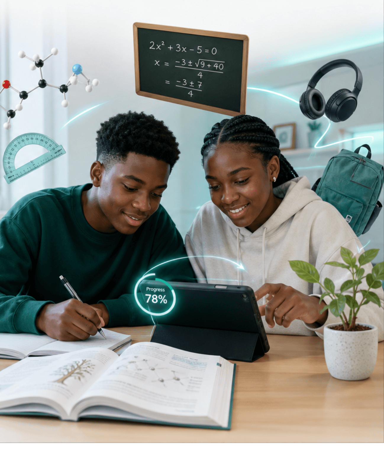 Young students studying together with a tablet, textbook, and floating educational tools