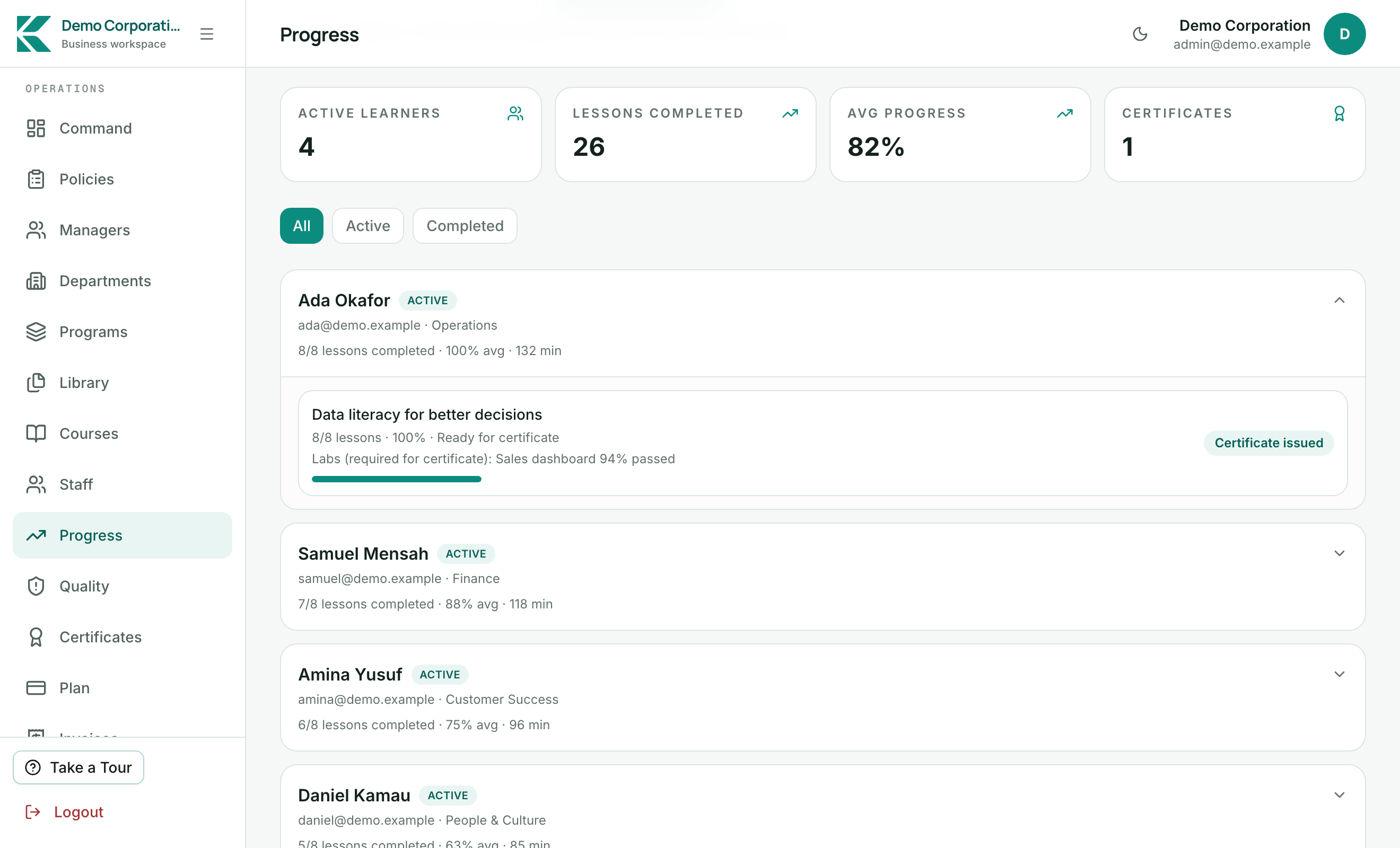 Progress and certificates